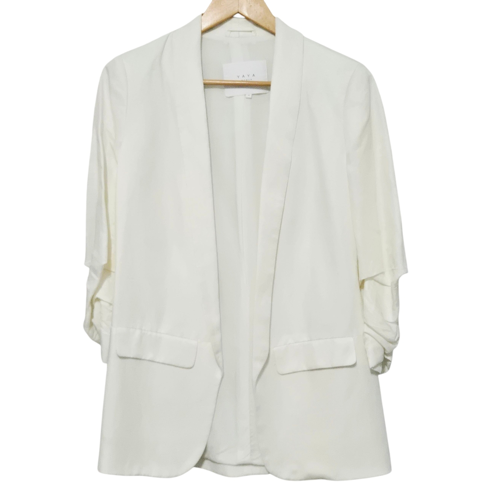 YAYA WOMEN White Open Front Gathered Sleeve Linen Blazer Jacket Size EU 36